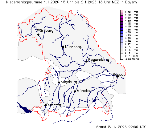 Niederschlagssumme der letzten 24 Stunden vor 15:00 MEZ 02.01.2026 aus den Niederschlagsmessdaten logischerweise erst nach 15:00 Uhr vorhanden!